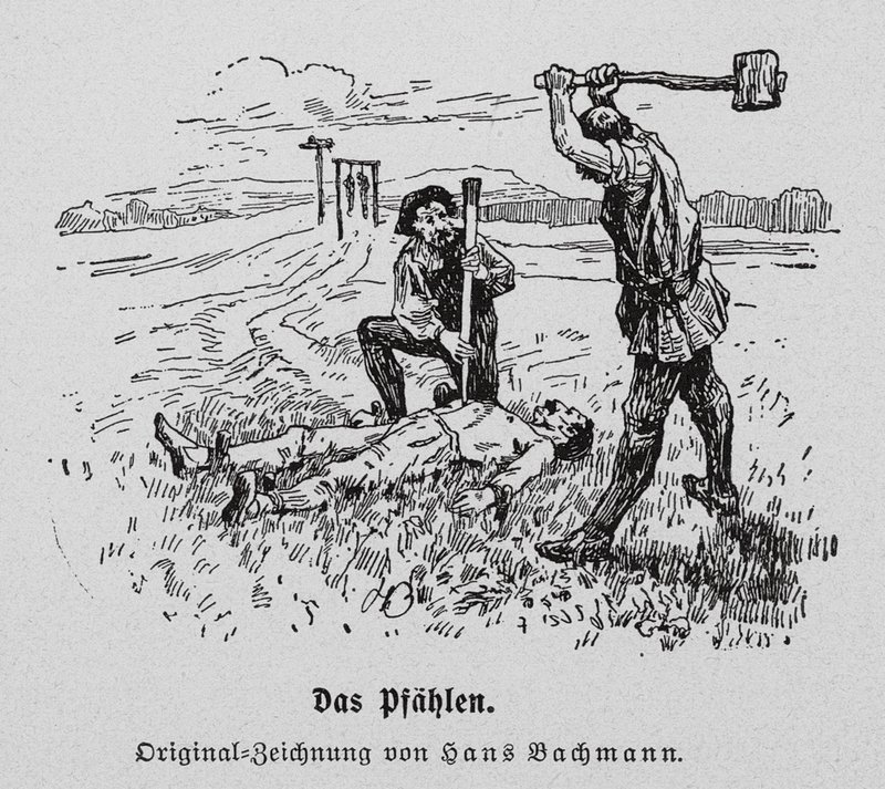 Egzekucja przez wbicie na pal (rycina) autorstwa Hans Bachmann