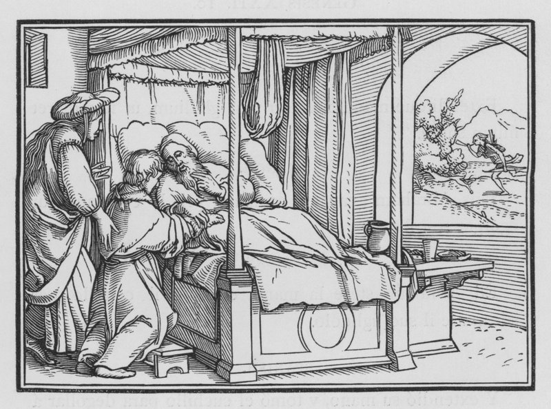 Jakub oszukuje swego Ojca i uzyskuje błogosławieństwo, Księga Rodzaju XXVII, 21 autorstwa Hans Holbein der Jüngere