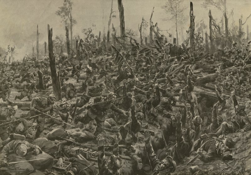 Niemiecki atak na francuskie bunkry i okopy w Bois-le-Pretre po bombardowaniu artyleryjskim 5 lipca 1915 (lito) autorstwa Hans W. (after) Schmidt