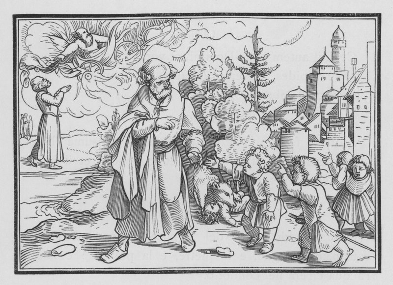 Niedźwiedzie niszczą dzieci, które kpiły z Elizeusza, 2 Kings II, 23 autorstwa Hans after Holbein the Younger