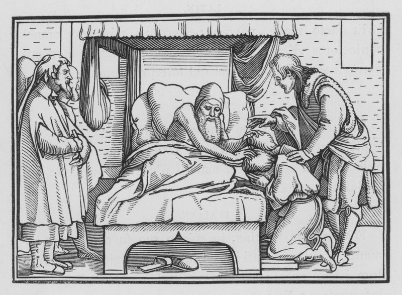 Jakub błogosławi Józefa i jego dwóch synów, Księga Rodzaju XLVIII, 14 autorstwa Hans after Holbein the Younger
