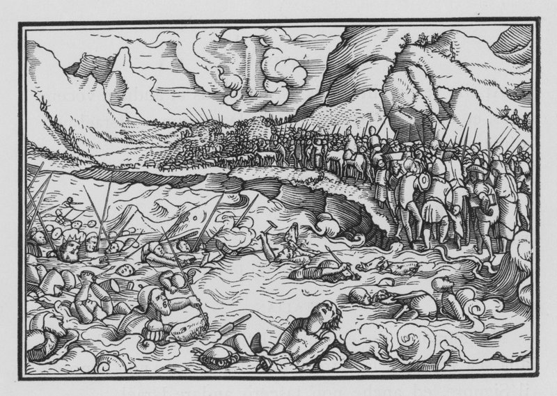 Faraon ściga Izraelitów, Księga Wyjścia XIV, 28 autorstwa Hans after Holbein the Younger