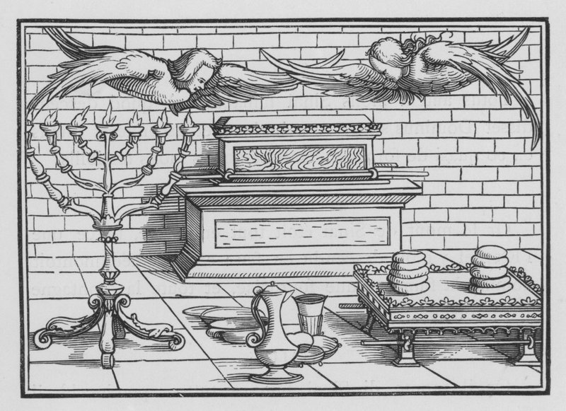 Arka, Miłosierdzie, Cherubiny, Stół i Świecznik, Exodus XXV, 21, 22 autorstwa Hans after Holbein the Younger