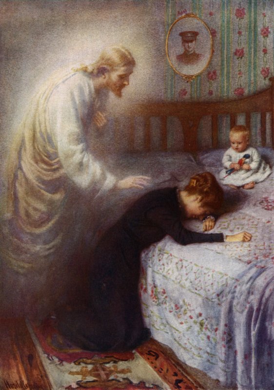Chrystus Pocieszyciel: Jezus pociesza zrozpaczoną brytyjską wdowę po wojnie (kolor lito) autorstwa Harold Copping