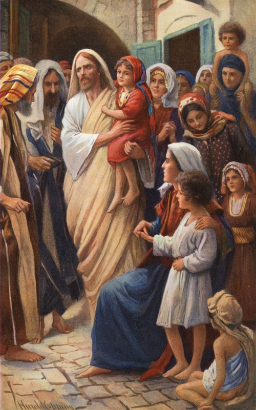 Jezus błogosławiący małe dzieci (kolorowa litografia) autorstwa Harold Copping