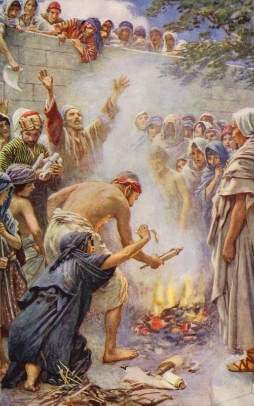 Nowy Testament: Palenie ksiąg (kolorowa litografia) autorstwa Harold Copping