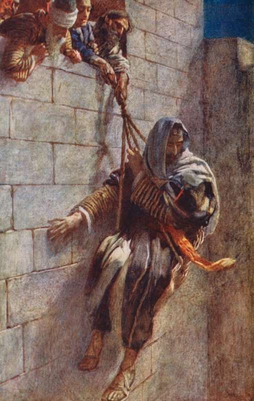 Nowy Testament: Ucieczka świętego Pawła z Damaszku (kolorowa litografia) autorstwa Harold Copping