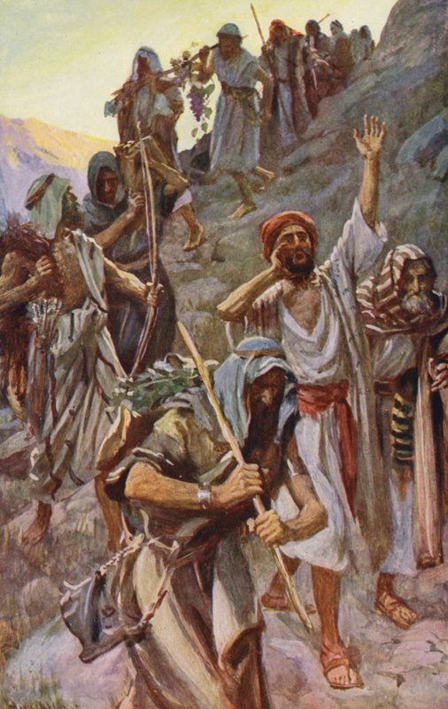 Stary Testament: "Kraina mlekiem i miodem płynąca" (kolorowa litografia) autorstwa Harold Copping
