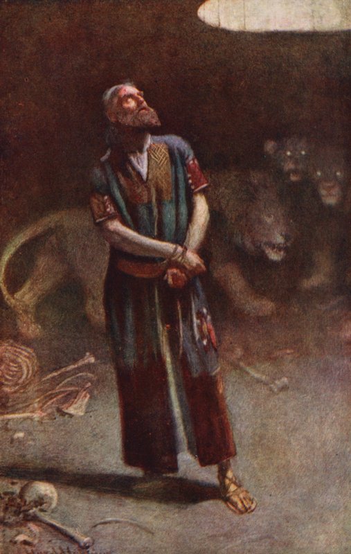 Stary Testament: Daniel w jaskini lwów (kolorowa litografia) autorstwa Harold Copping