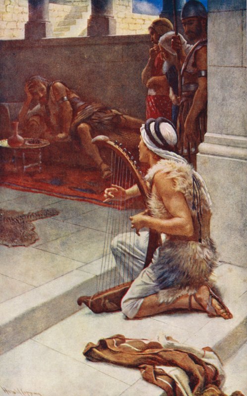 Stary Testament: Dawid Muzykant (kolorowa litografia) autorstwa Harold Copping