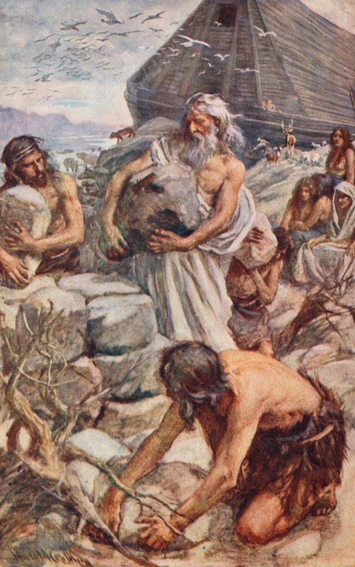 Stary Testament: Noe budujący swój ołtarz (kolorowa litografia) autorstwa Harold Copping