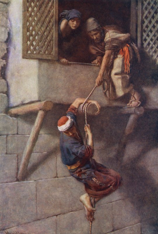 Stary Testament: Ucieczka szpiegów (kolorowa litografia) autorstwa Harold Copping