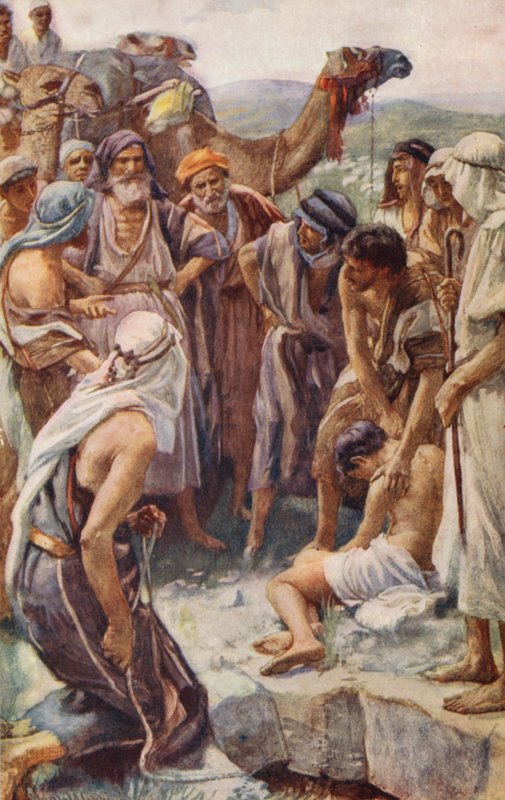 Stary Testament: Sprzedaż Józefa (kolorowa litografia) autorstwa Harold Copping