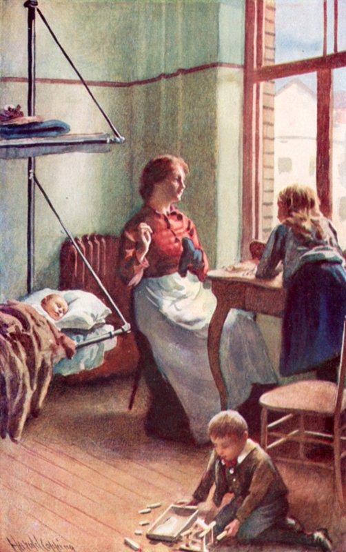 Otwarte drzwi dały nam przebłyski domowego spokoju, salon w darmowym hotelu rządowym? autorstwa Harold Copping