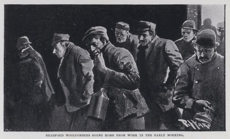 Bradford Woolcombers wraca z pracy do domu wczesnym rankiem (zdjęcie czarno-białe) autorstwa Harold Hume Piffard