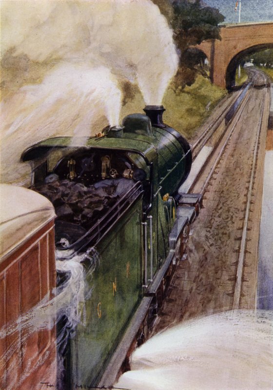 Lokomotywa parowa na Great Northern Railway pobierająca wodę (kolor lito) autorstwa Harold Robert Millar