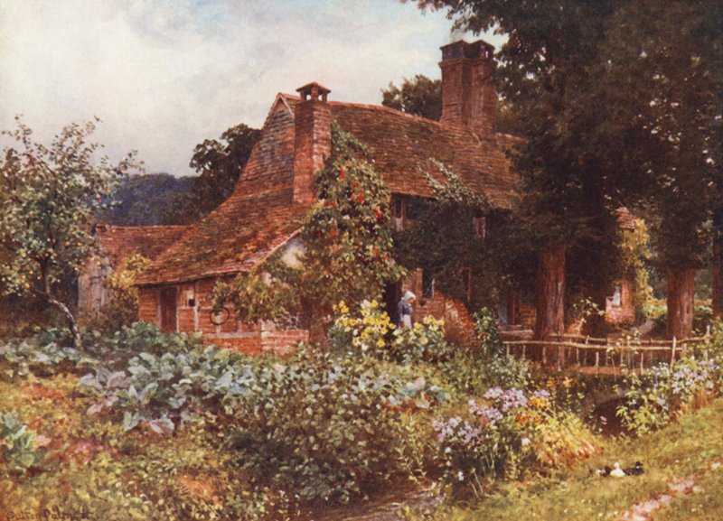 Old Mill Cottages, Abinger (kolorowa litografia) autorstwa Harold Sutton Palmer