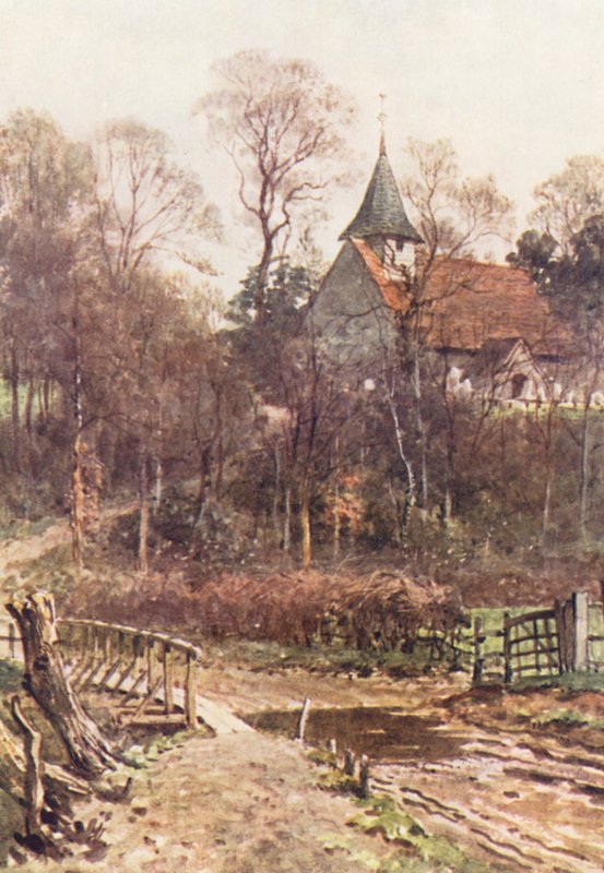 Kościół Pyrford, niedaleko Woking (kolorowa litografia) autorstwa Harold Sutton Palmer
