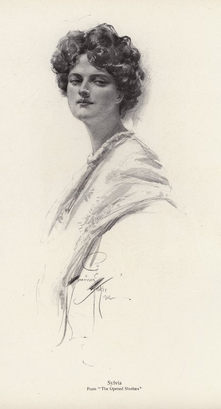 Postać, Sylvia, z powieści „Otwarte okiennice” Clary Louise Burnham (lito) autorstwa Harrison Fisher
