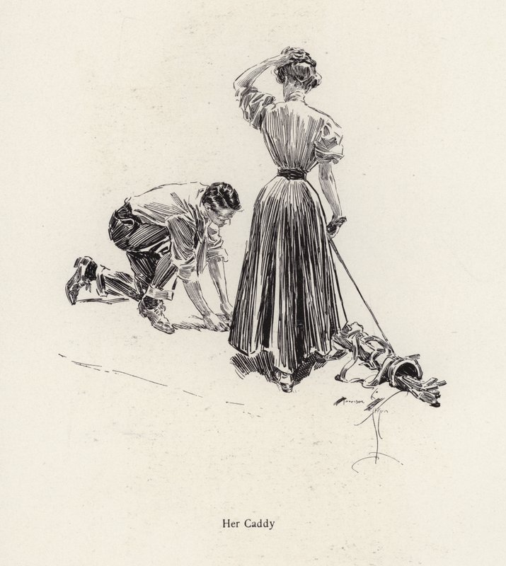 Mężczyzna asystujący kobiecie na polu golfowym (litho) autorstwa Harrison Fisher