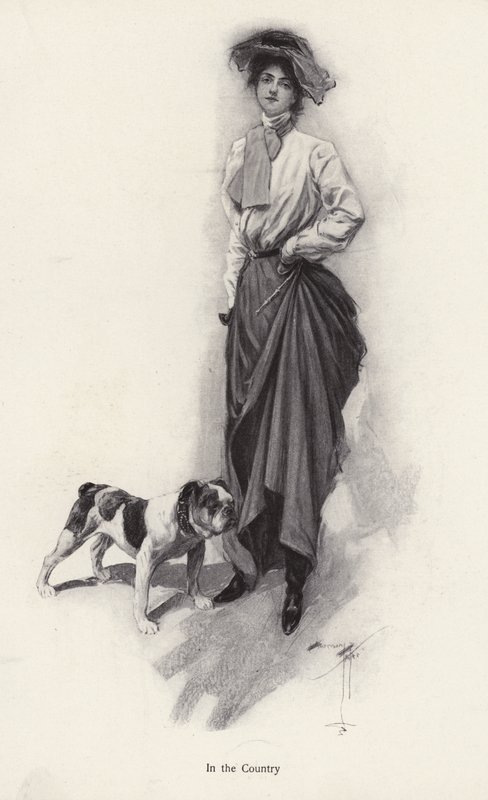 Portret kobiety ubranej na wieś ze swoim buldogiem (lito) autorstwa Harrison Fisher