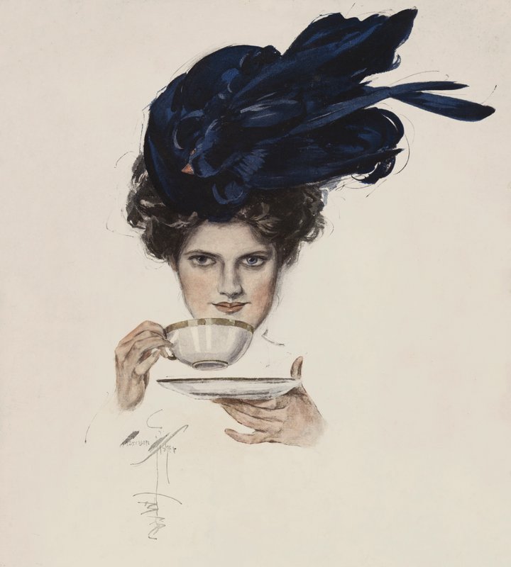 Portret kobiety w fantazyjnym kapeluszu pijącej herbatę (litografia barwna) autorstwa Harrison Fisher