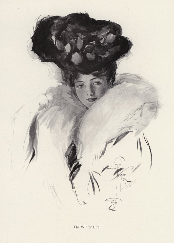 Portret młodej kobiety w kapeluszu i futrze (litho) autorstwa Harrison Fisher