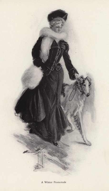 Kobieta spacerująca z psem rasy collie w zimie (lito) autorstwa Harrison Fisher