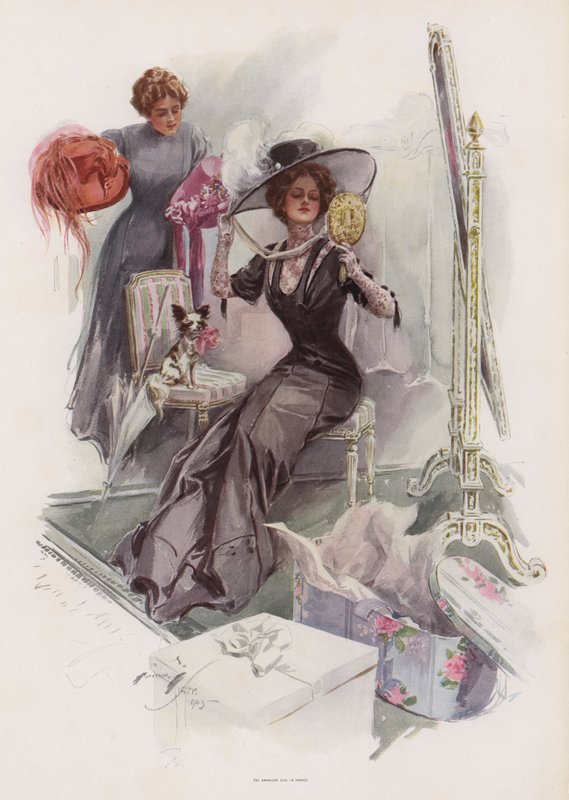 Młoda Amerykanka przymierzająca kapelusze u francuskich modystek (kolor litho) autorstwa Harrison Fisher