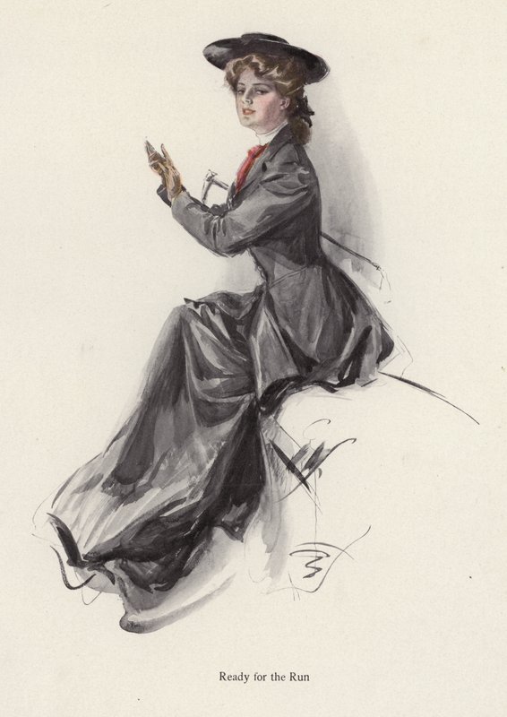Młoda kobieta przygotowuje się do jazdy konnej (kolor litho) autorstwa Harrison Fisher