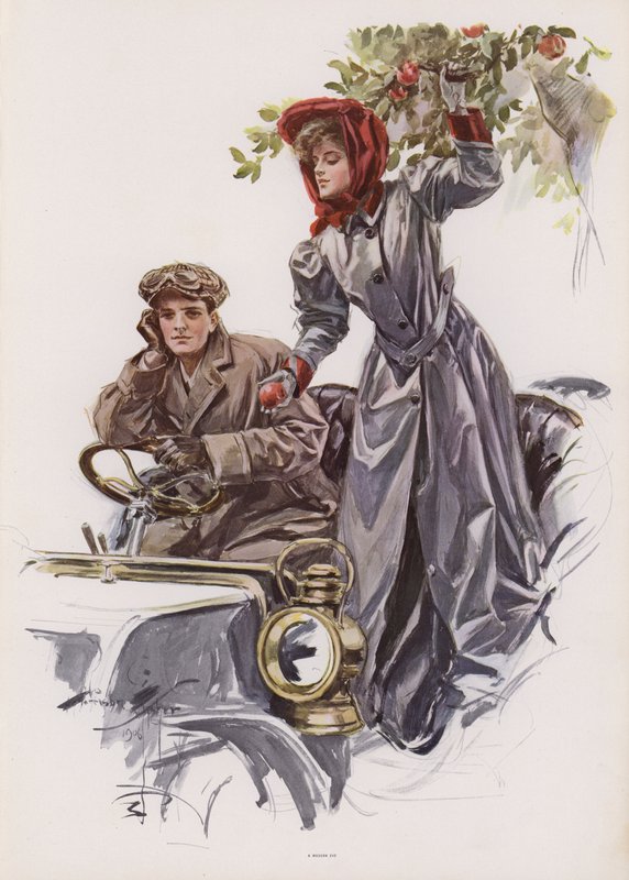 Młoda kobieta zbierająca jabłka z wnętrza samochodu (litografia kolorowa) autorstwa Harrison Fisher