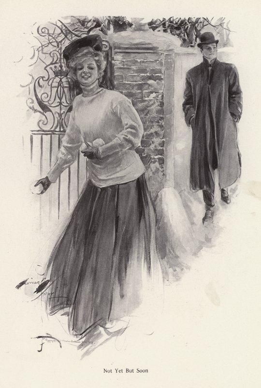 Młoda kobieta czeka, by rzucać śnieżkami w mężczyznę (lito) autorstwa Harrison Fisher