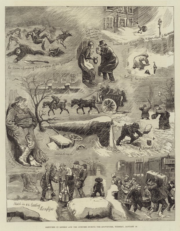 Szkice z Londynu i przedmieść podczas burzy śnieżnej, wtorek, 18 stycznia autorstwa Harry Furniss