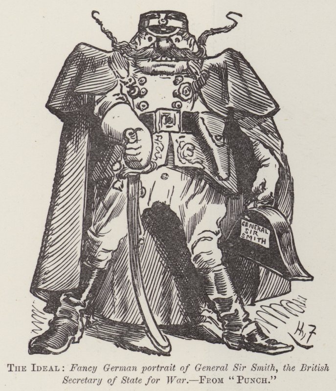 Idealny, fantazyjny niemiecki portret generała Sir Smitha, brytyjskiego sekretarza stanu ds. wojny autorstwa Harry Furniss