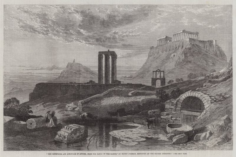 Olimp i Akropol w Atenach, z Banks of the Ilissus, wystawione w brytyjskiej instytucji autorstwa Harry John Johnson