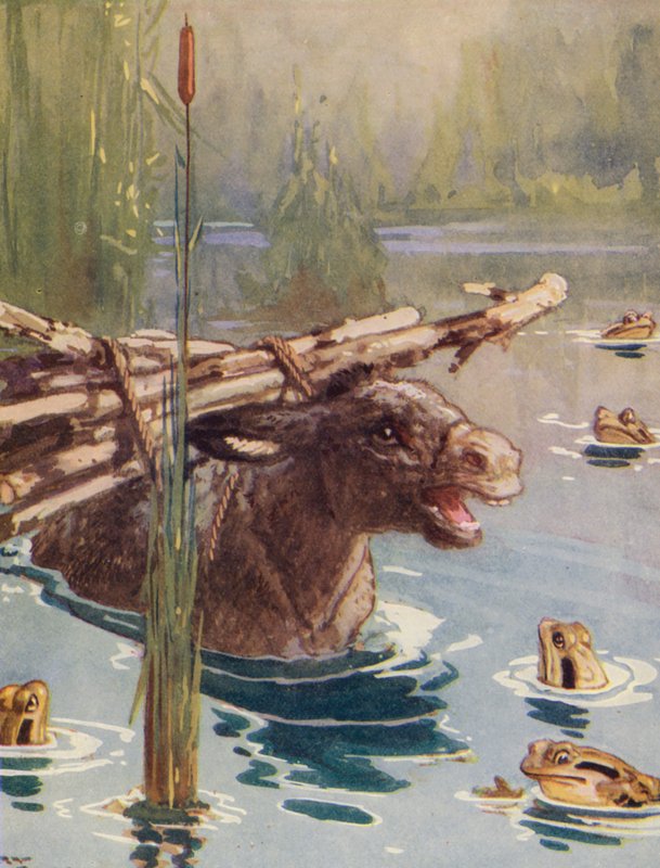 Bajki Ezopa: Osioł i żaby (kolorowa litografia) autorstwa Harry (1878 1950) Rountree