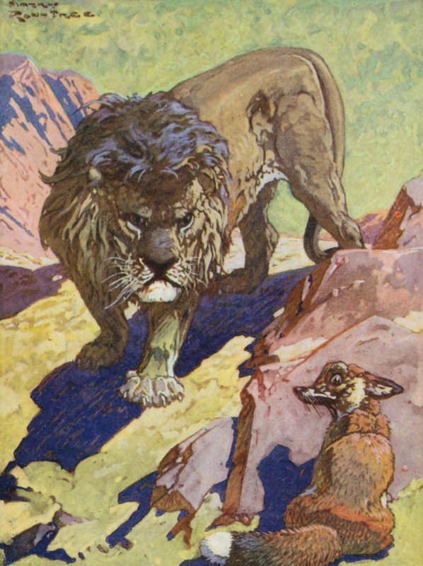 Bajki Ezopa: Lis i lew (kolorowa litografia) autorstwa Harry (1878 1950) Rountree