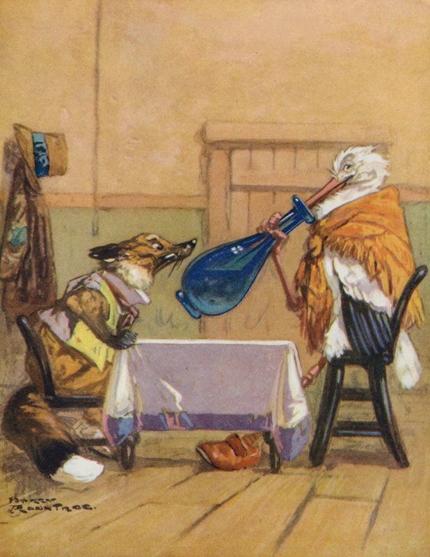 Bajki Ezopa: Lis i bocian (kolorowa litografia) autorstwa Harry (1878 1950) Rountree