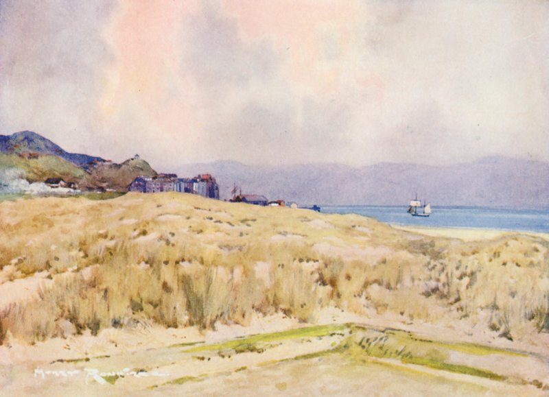 Pola golfowe: Aberdovey, wioska z drugiego tee (kolorowa litografia) autorstwa Harry (1878 1950) Rountree