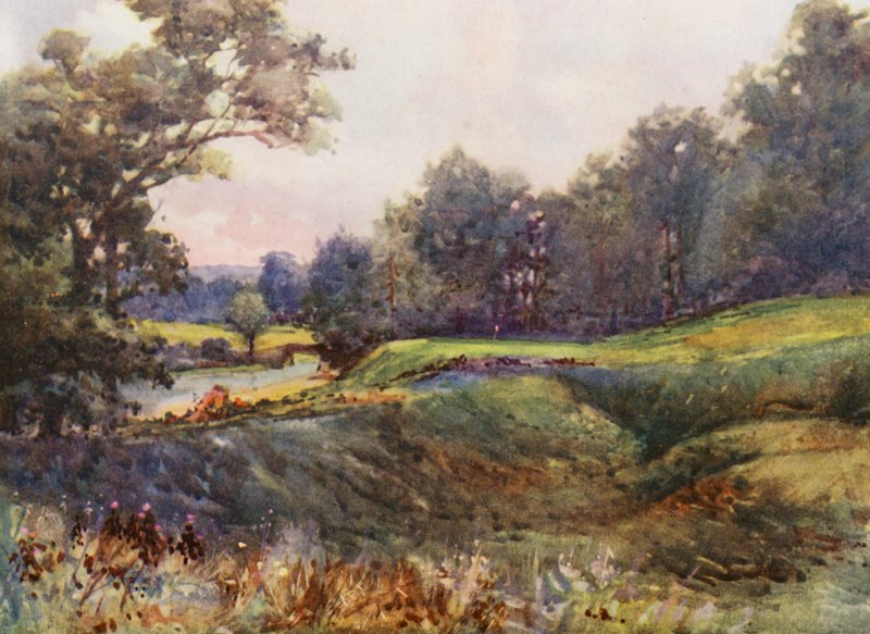 Pola golfowe: Cassiobury Park, nowy osiemnasty dołek (kolorowa litografia) autorstwa Harry (1878 1950) Rountree