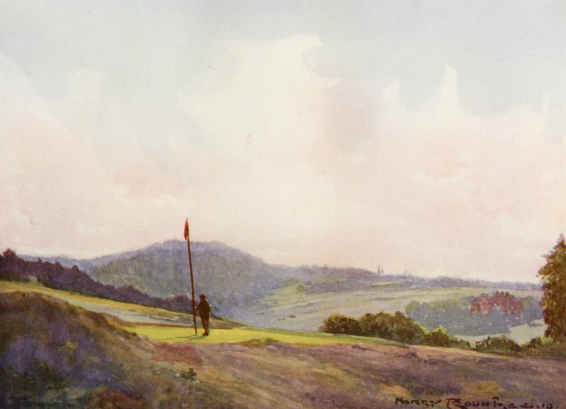 Pola golfowe: Forest Row, piętnasty green (kolorowa litografia) autorstwa Harry (1878 1950) Rountree
