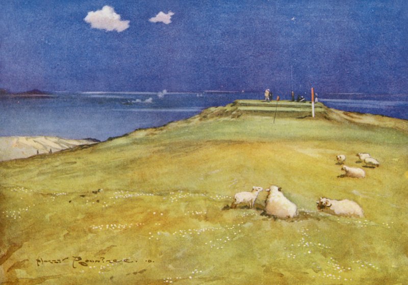 Pola golfowe: Gullane, szósty green i siódmy tee (kolorowa litografia) autorstwa Harry (1878 1950) Rountree