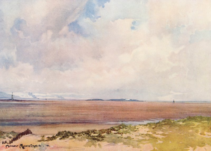 Pola golfowe: Jezioro Hoy, patrząc na Hilbre z dziewiątego tee (kolorowa litografia) autorstwa Harry (1878 1950) Rountree