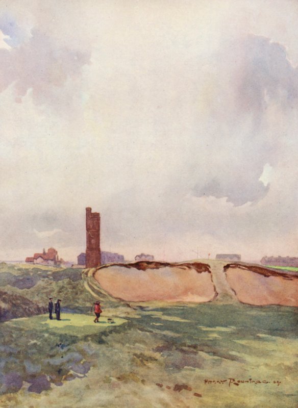Pola golfowe: Littlestone the carry z siedemnastego tee (kolorowa litografia) autorstwa Harry (1878 1950) Rountree