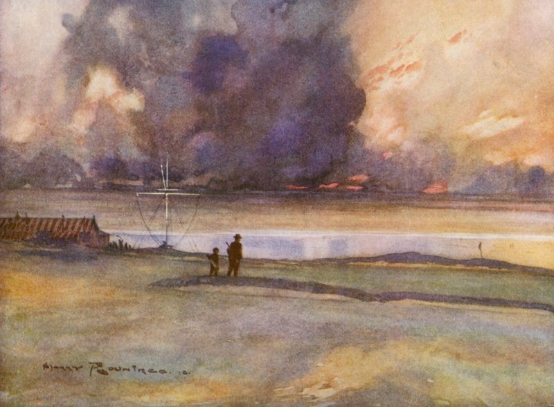Pola golfowe: Porthcowl, wejście na osiemnasty green (kolorowa litografia) autorstwa Harry (1878 1950) Rountree