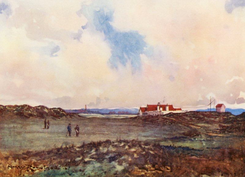 Pola golfowe: Portmarnock, drugi strzał na osiemnastym dołku (kolorowa litografia) autorstwa Harry (1878 1950) Rountree