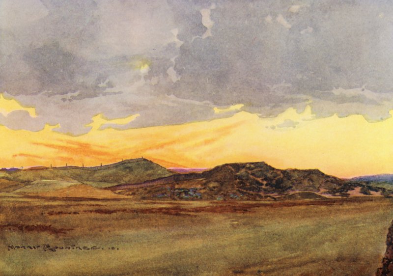 Pola golfowe: Prestwick, patrząc wstecz na "Alpy" (kolorowa litografia) autorstwa Harry (1878 1950) Rountree