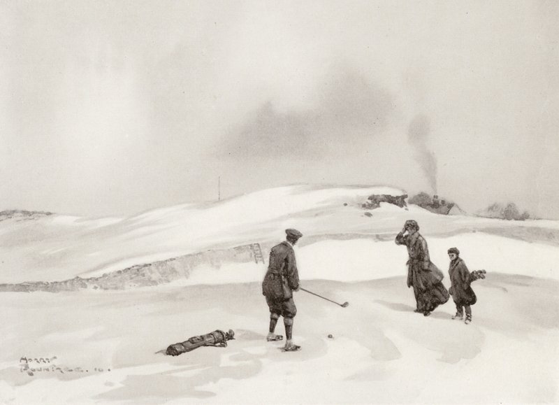 Pola golfowe: Skegness, drugi strzał przy dziewiątym dołku (litografia) autorstwa Harry (1878 1950) Rountree