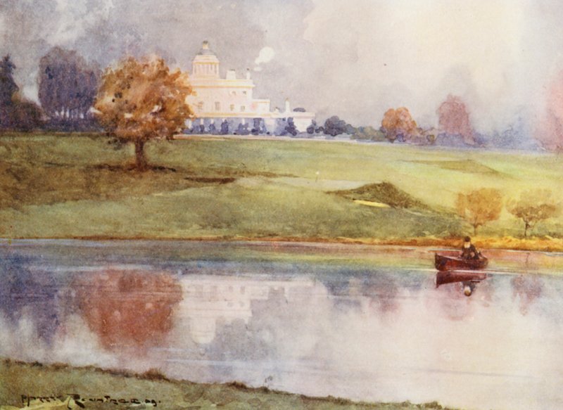 Pola golfowe: Strony Stoke, szesnasty dołek (kolorowa litografia) autorstwa Harry (1878 1950) Rountree