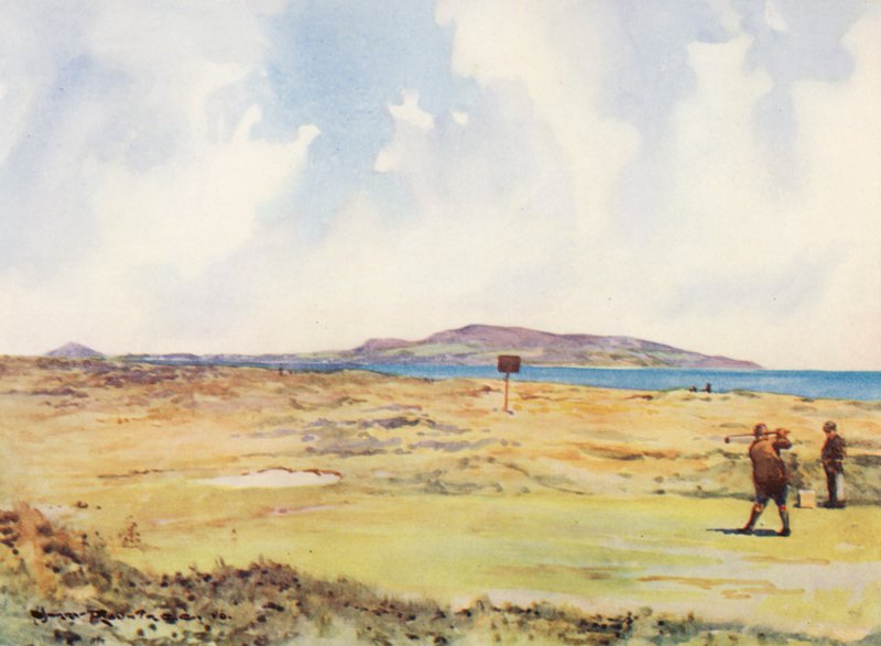 Pola golfowe: Dollymount, pierwszy tee, patrząc w kierunku Howth (kolorowa litografia) autorstwa Harry (1878 1950) Rountree